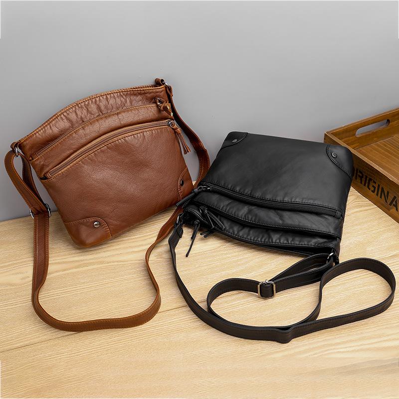 Casual soft leather solid color large capacity shoulder bag
