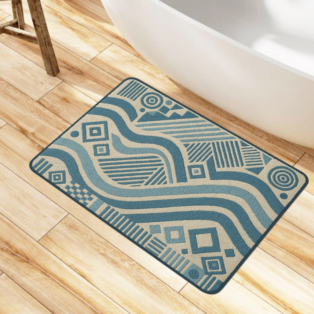 Feblilac Modern Abstract Geometric Tufted Bath Mat – Blue & Beige Non-Slip Rug