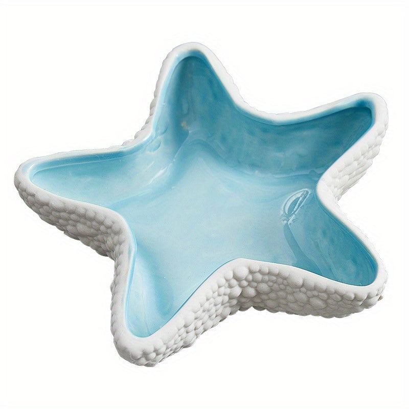 Aqua Ceramic Jewelry Storage Plate Tray, Starfish-Shaped Jewelry Keyholder