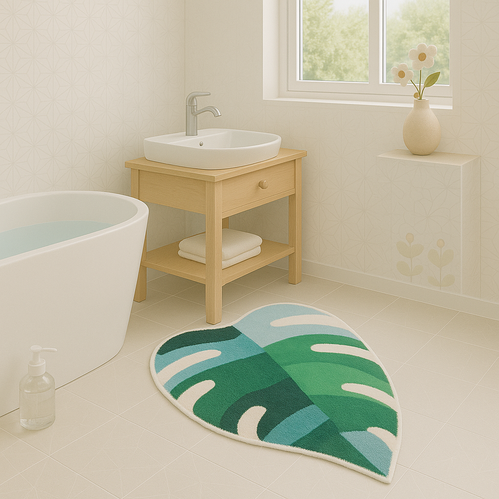 Feblilac Monstera Leaf Tufted Bath Mat – Tropical Plant Shaped Rug in Blue-Green Tones, Nature-Inspired Bathroom Decor