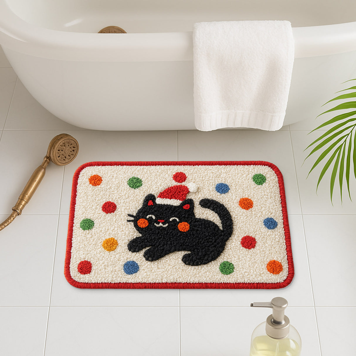 Feblilac Christmas Black Cat Bath Mat – Cute Holiday Tufted Rug for Bathroom & Entryway
