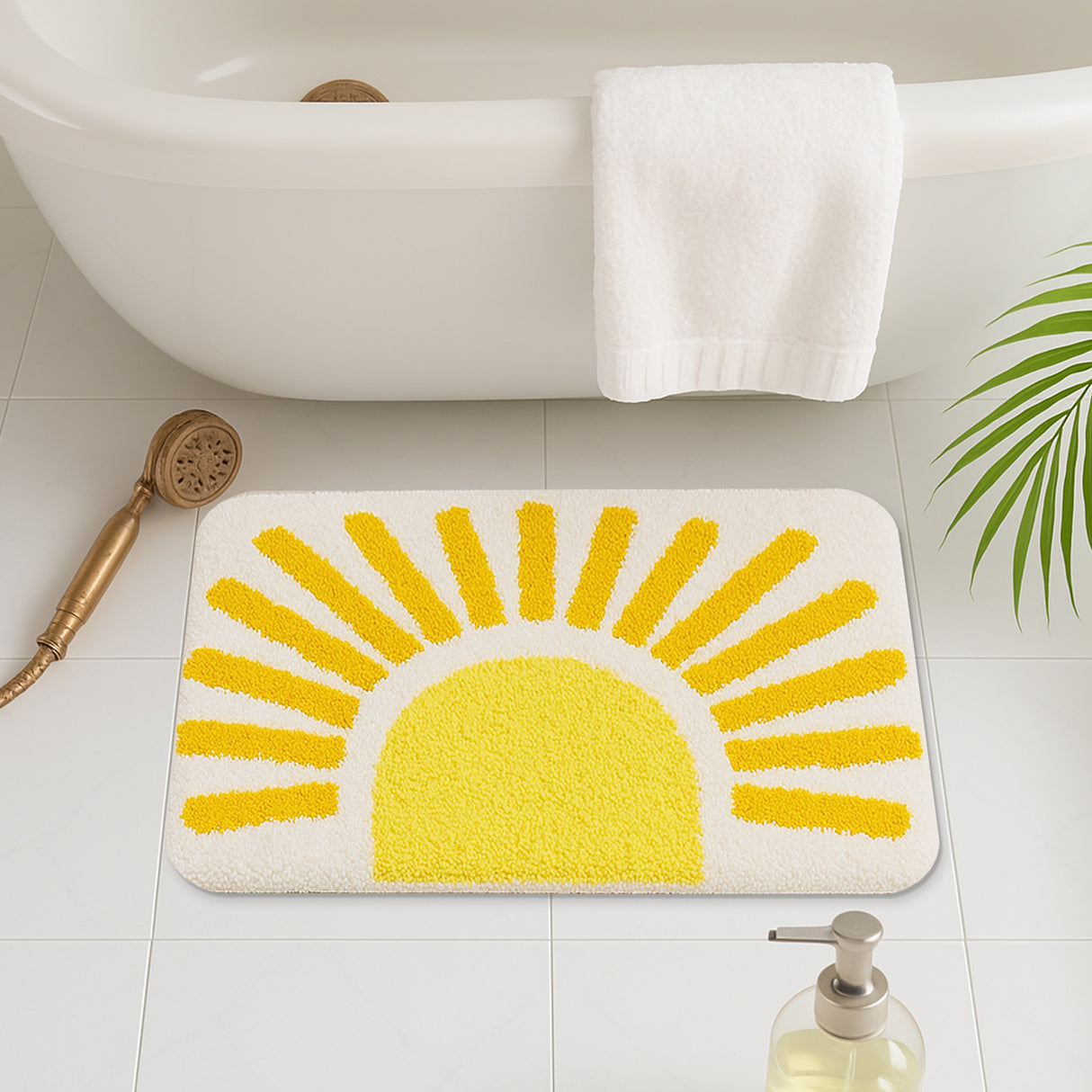 Feblilac Sunburst Bath Mat – Cheerful Yellow Tufted Rug for Bathroom
