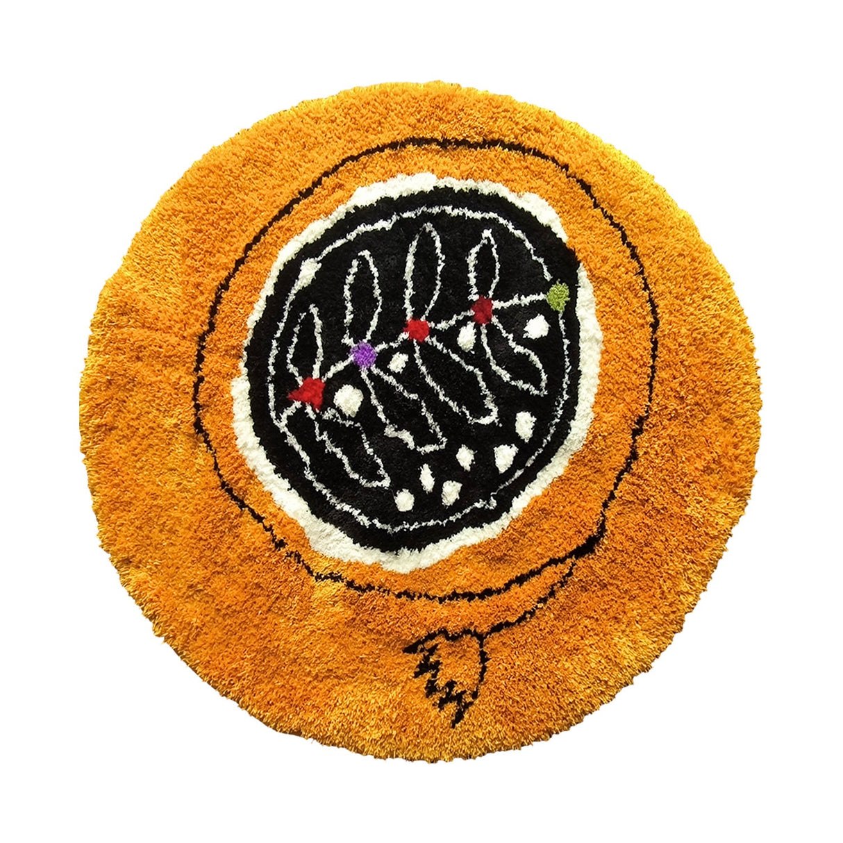 Feblilac Round Orange Background Black and White Flowers Tufted Bath Mat by Liz Gamberg Studio from US