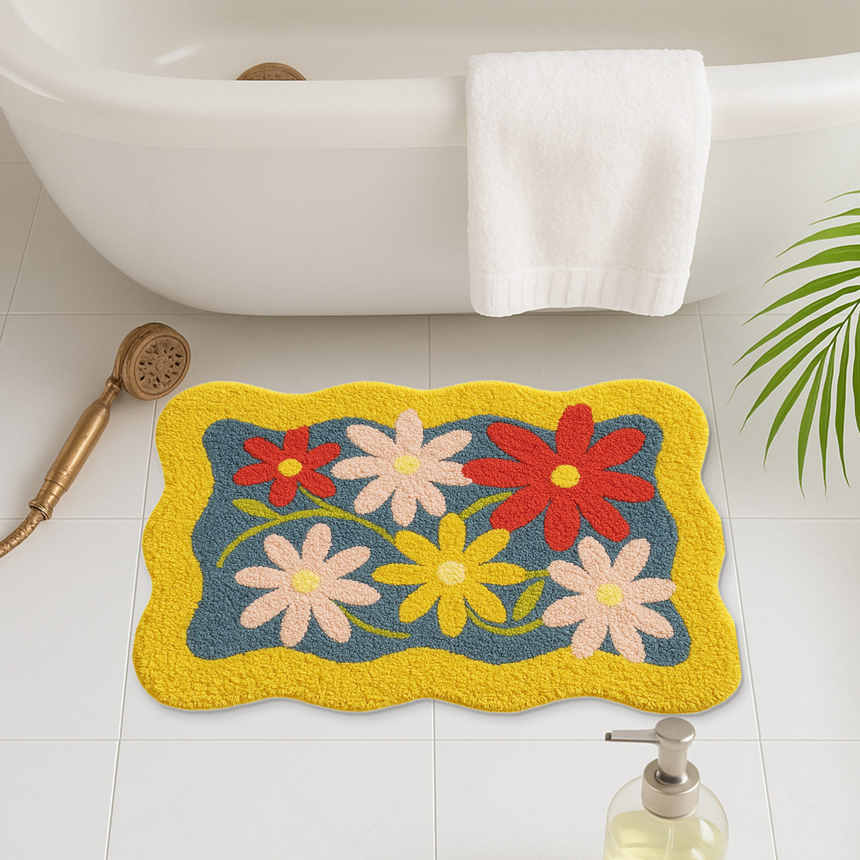 Feblilac Retro Floral Bath Mat – Colorful Wavy Edge Bathroom Rug with Bold Daisy Pattern, Non-Slip and Absorbent