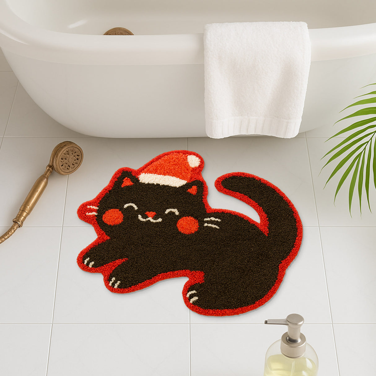 Feblilac Christmas Black Cat Shaped Rug – Cute Santa Cat Tufted Bath Mat for Bathroom & Entryway