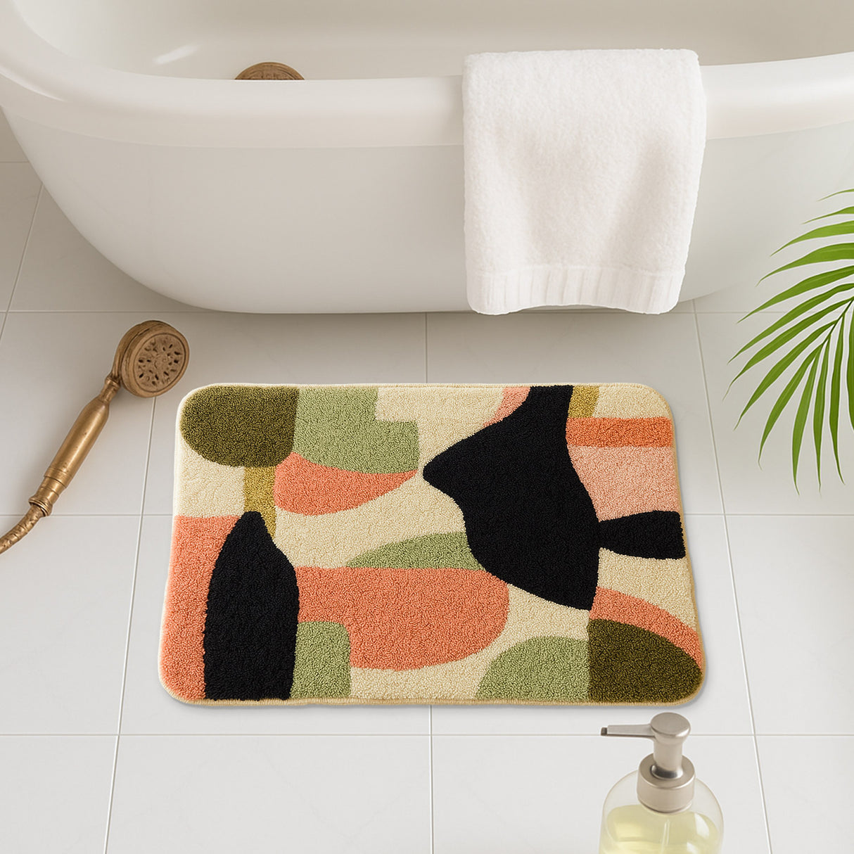 Feblilac Abstract Neutral Tufted Bath Mat – Modern Scandinavian Non-Slip Rug | Cozy Cream & Earth-Tone Design