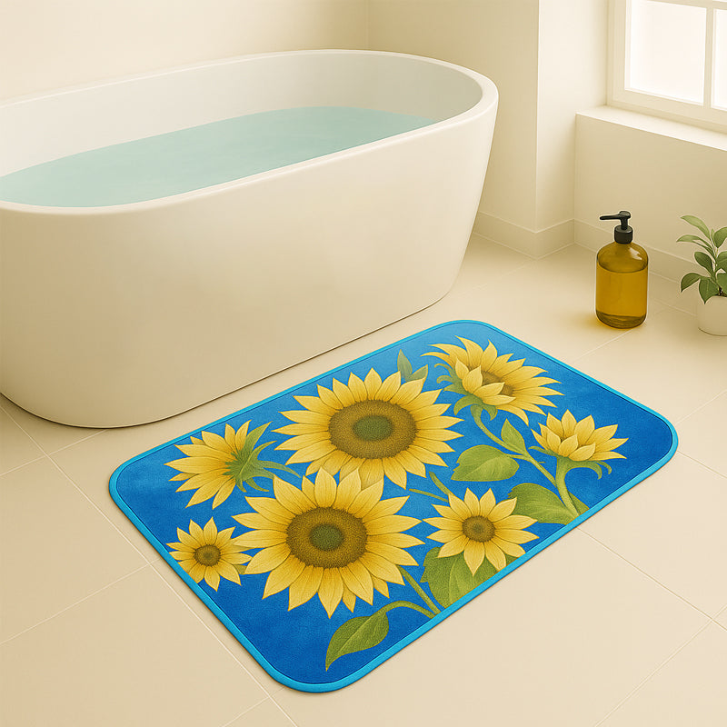 Feblilac Sunflower Bloom Bath Mat – Blue Background Non-Slip Rug for Bathroom, Kitchen or Entryway