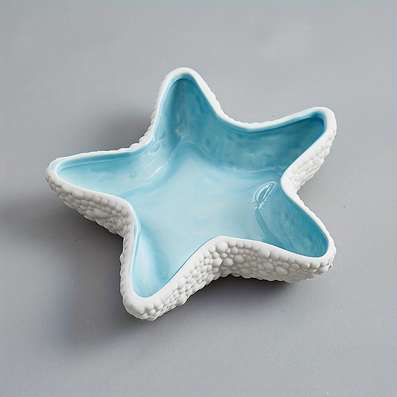 Aqua Ceramic Jewelry Storage Plate Tray, Starfish-Shaped Jewelry Keyholder