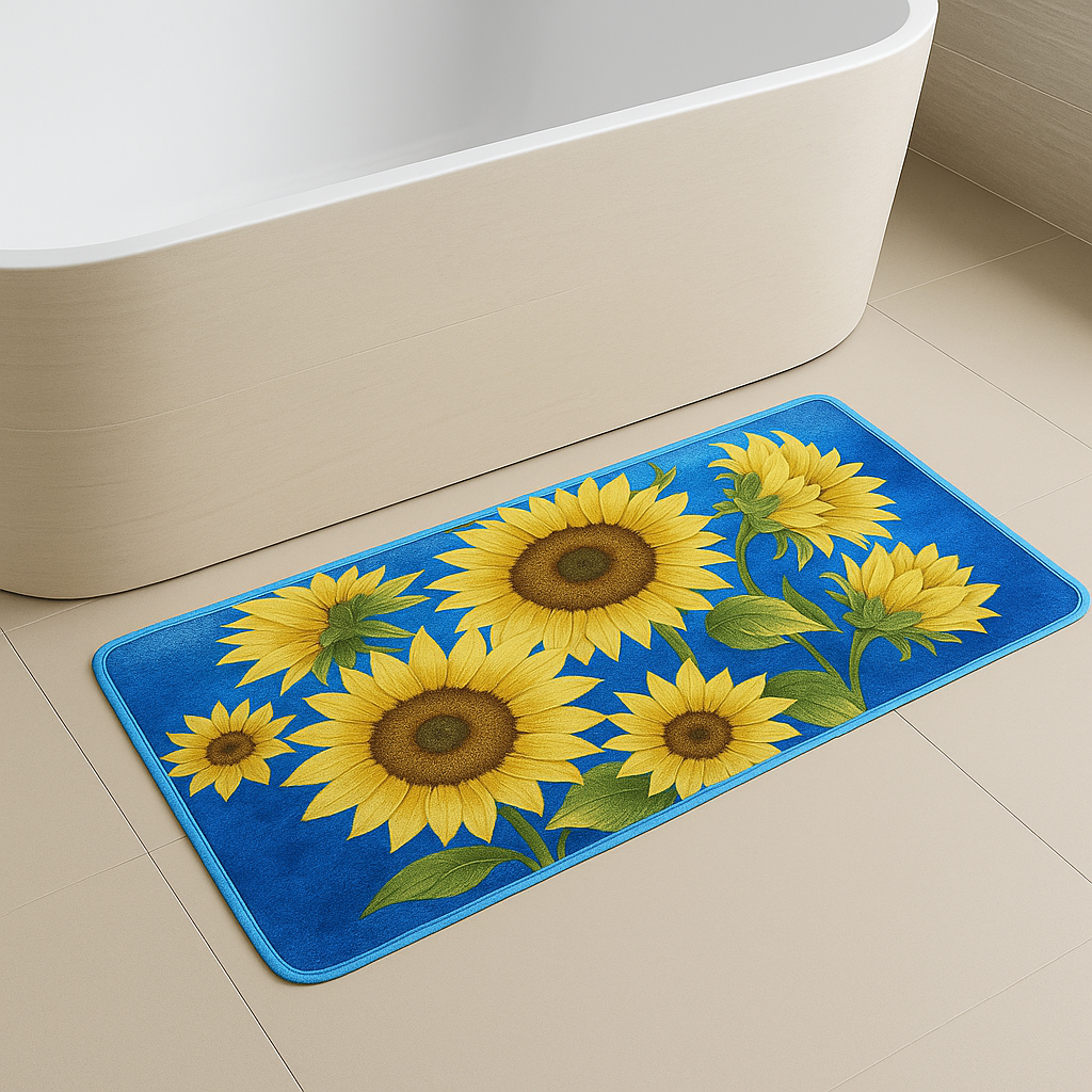 Feblilac Sunflower Bloom Bath Mat – Blue Background Non-Slip Rug for Bathroom, Kitchen or Entryway