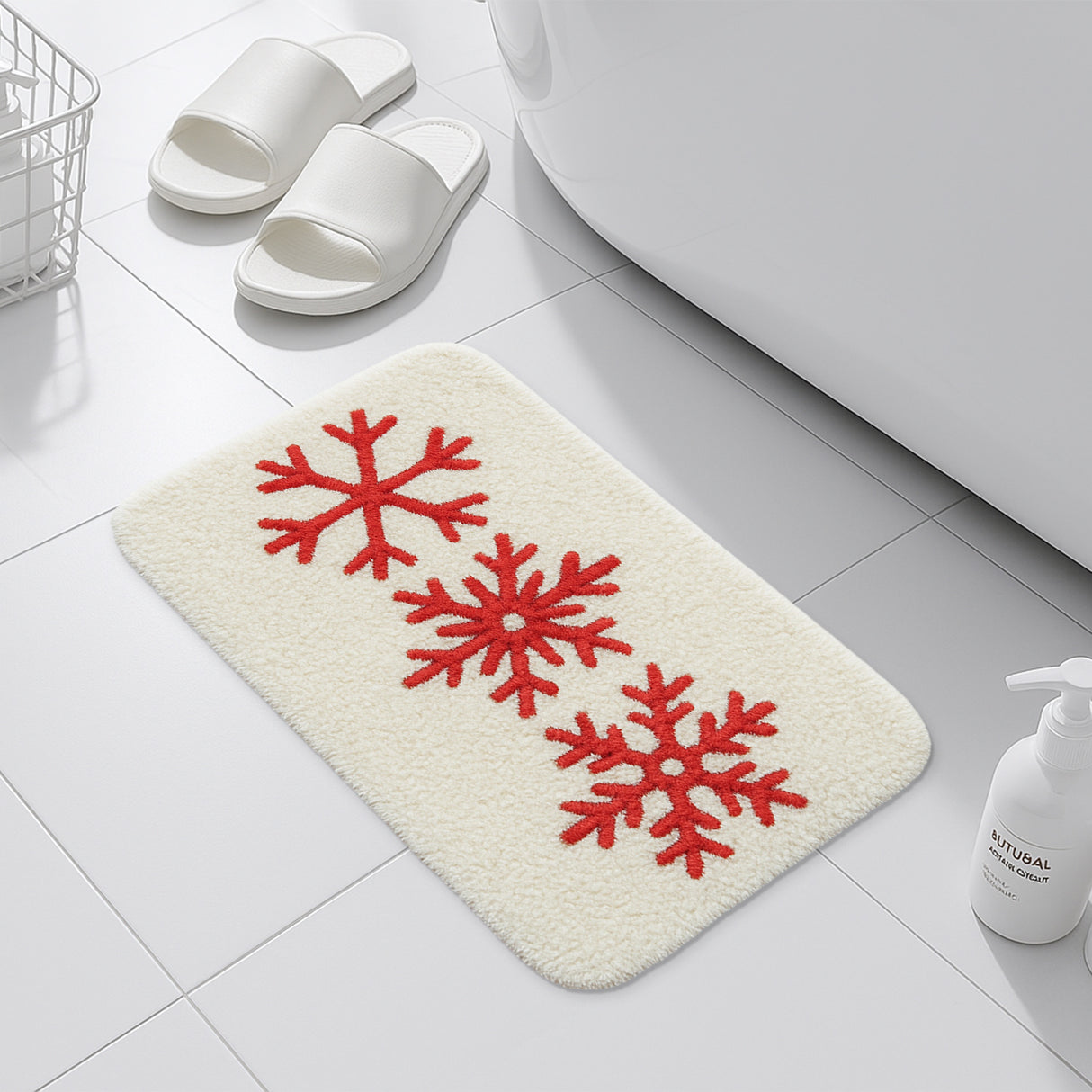 Feblilac Red Snowflake Christmas Bath Mat – Soft Tufted Holiday Bathroom Rug