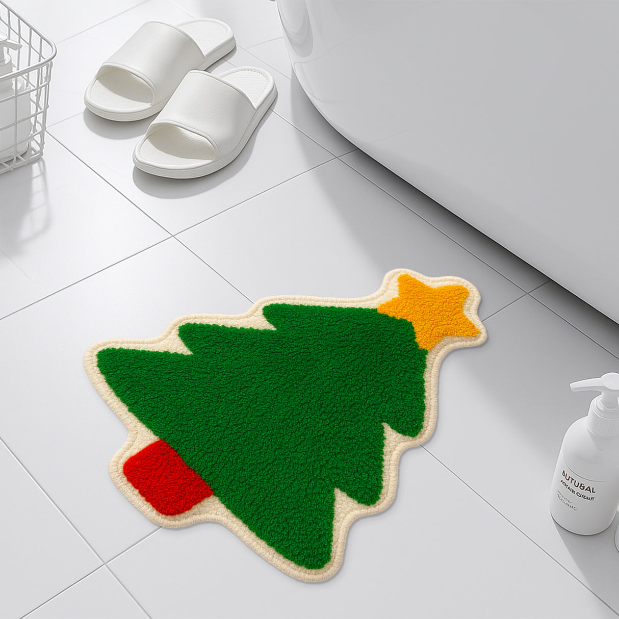 Feblilac Christmas Tree Shaped Bath Mat – Soft Plush Holiday Rug for Bathroom, Entryway & Home Decor