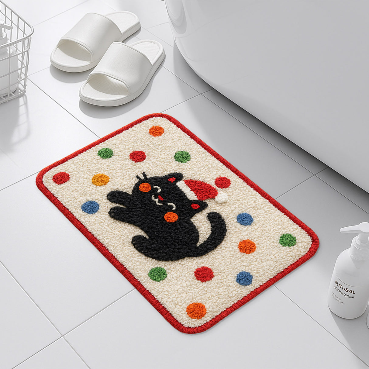 Feblilac Christmas Black Cat Bath Mat – Cute Holiday Tufted Rug for Bathroom & Entryway