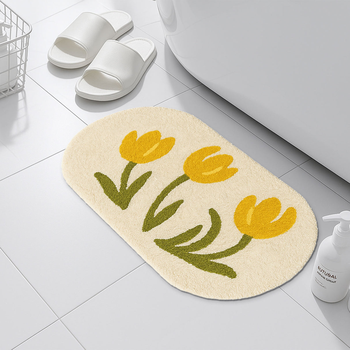 Feblilac Yellow Tulip Bath Mat – Soft Floral Non-Slip Rug for Bathroom or Entryway