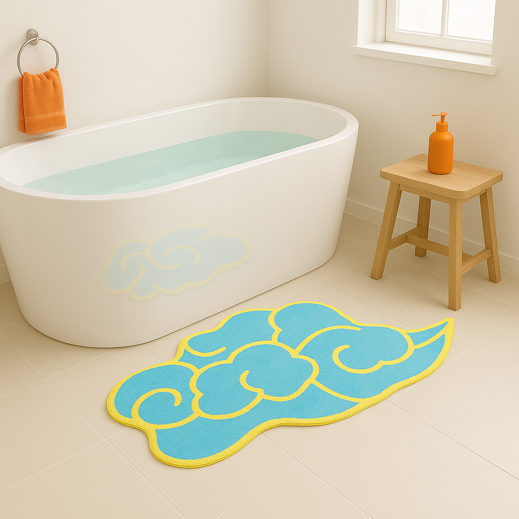 Feblilac Blue Cloud Tufted Bath Mat – Irregular Shaped Bathroom Rug with Yellow Outline, Soft & Absorbent