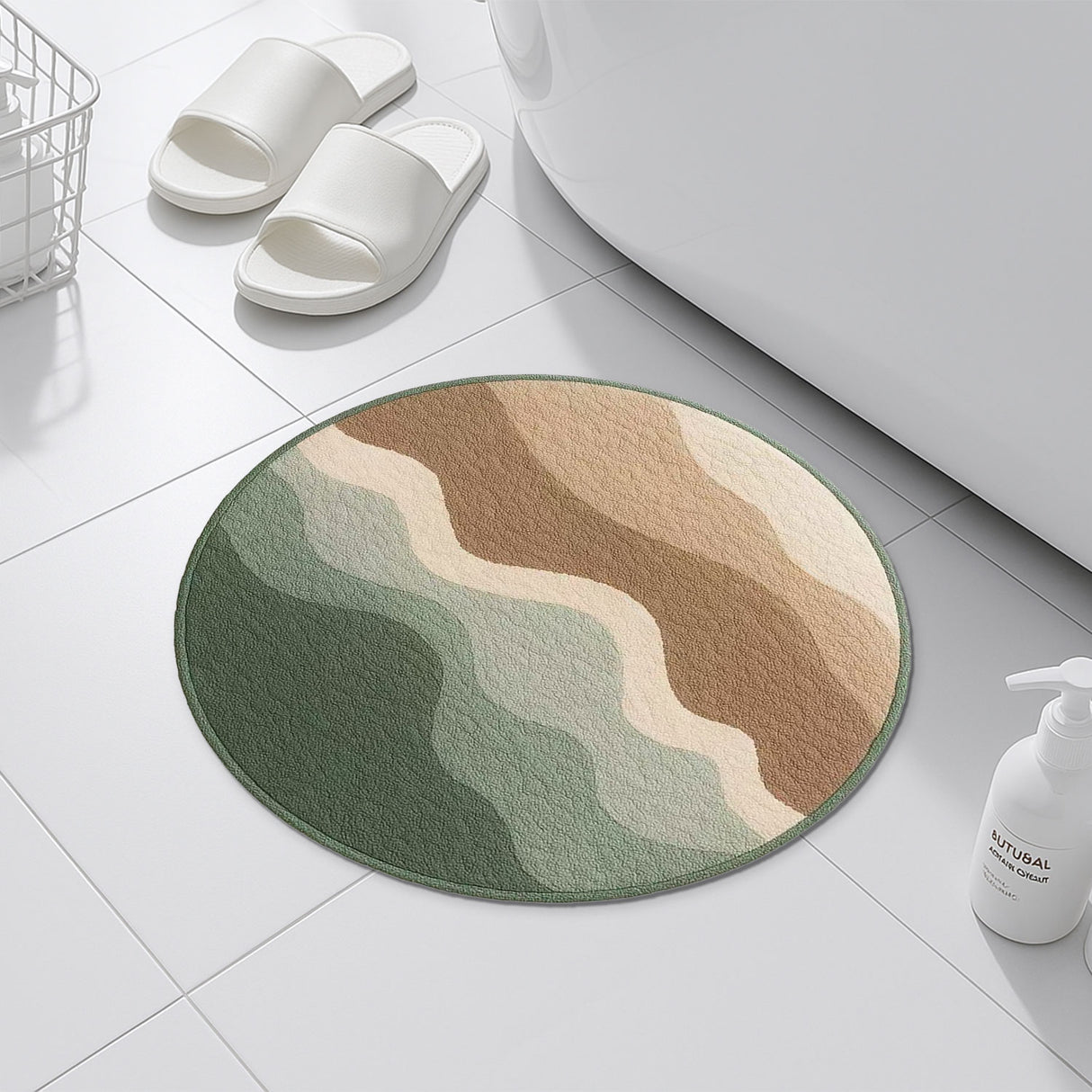 Earth Tone Round Bath Mat – Minimalist Wavy Pattern Rug for Bathroom & Entryway