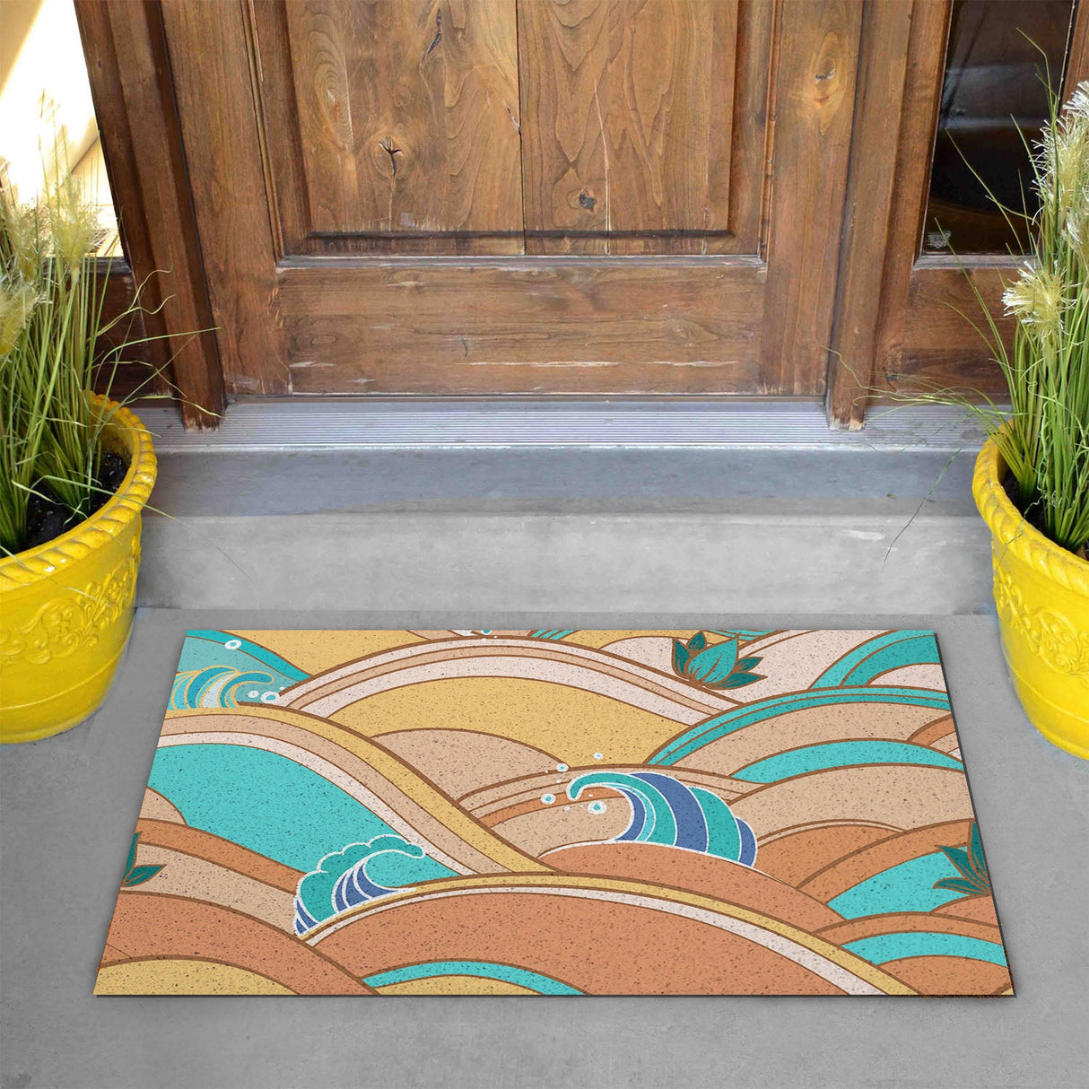 Feblilac Yellow and blue Japanese Waves PVC Coil Door Mat