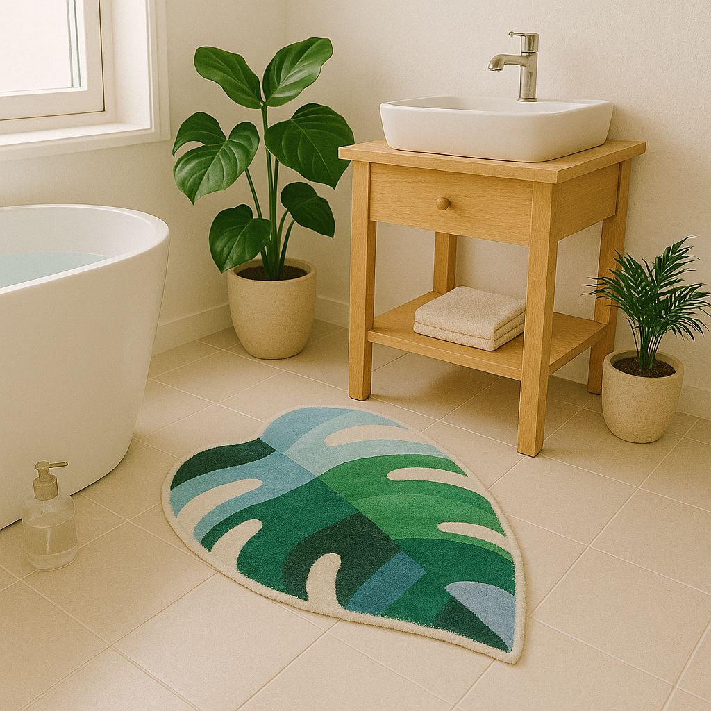 Feblilac Monstera Leaf Tufted Bath Mat – Tropical Plant Shaped Rug in Blue-Green Tones, Nature-Inspired Bathroom Decor