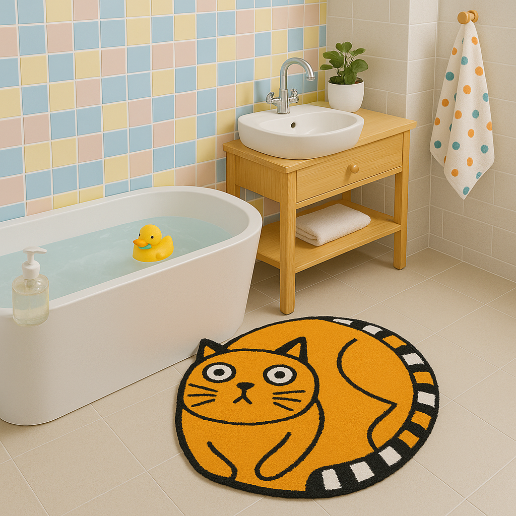 Feblilac Playful Orange Cat Tufted Rug – Cute Animal Bathroom Mat for Cat Lovers