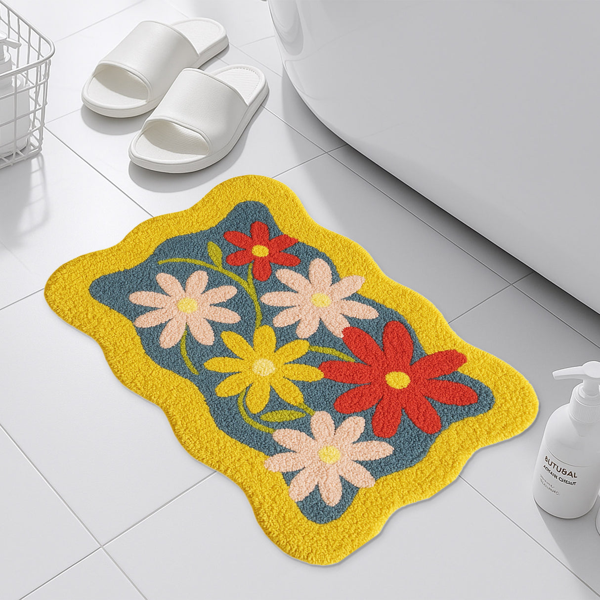 Feblilac Retro Floral Bath Mat – Colorful Wavy Edge Bathroom Rug with Bold Daisy Pattern, Non-Slip and Absorbent