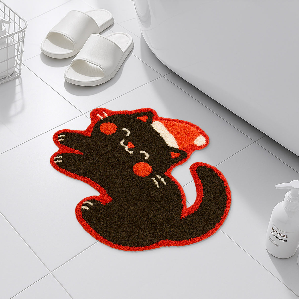 Feblilac Christmas Black Cat Shaped Rug – Cute Santa Cat Tufted Bath Mat for Bathroom & Entryway