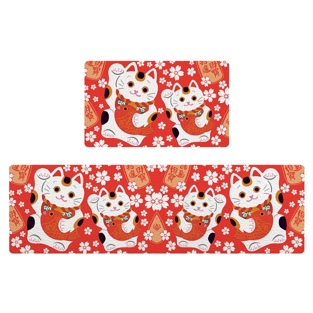 Feblilac Red Background White Sakura Lucky Cat PVC Leather Kitchen Mat