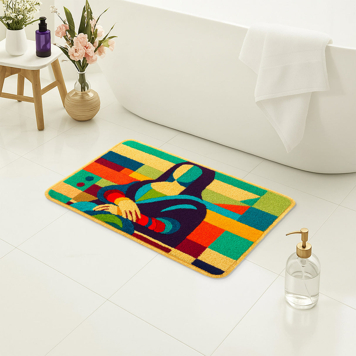 Feblilac Abstract Mona-Inspired Tufted Rug – Colorful Modern Art Bath Mat | Non-Slip & Soft