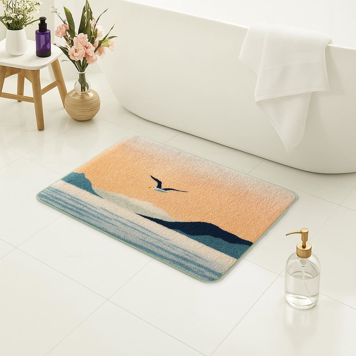 Feblilac Sunset Seagull Coastal Bath Mat – Soft, Absorbent & Non-Slip