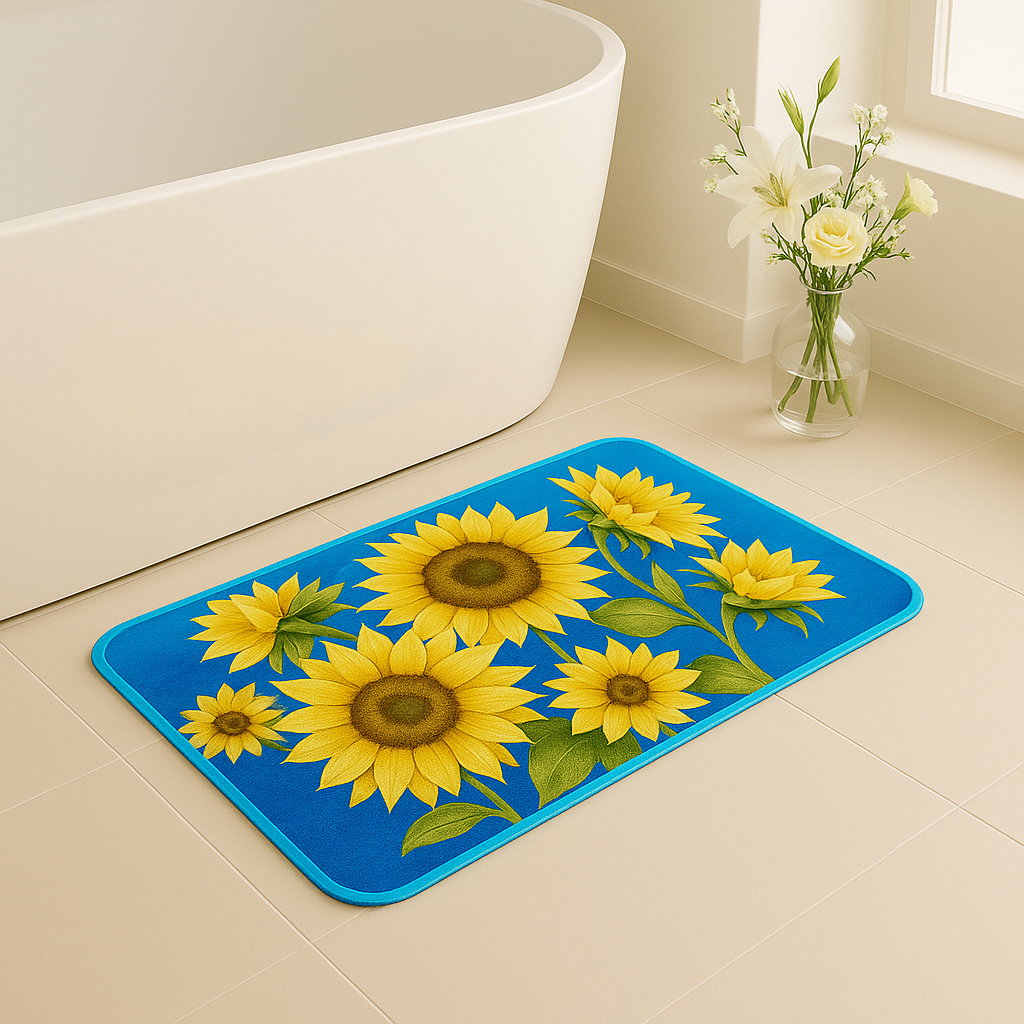 Feblilac Sunflower Bloom Bath Mat – Blue Background Non-Slip Rug for Bathroom, Kitchen or Entryway