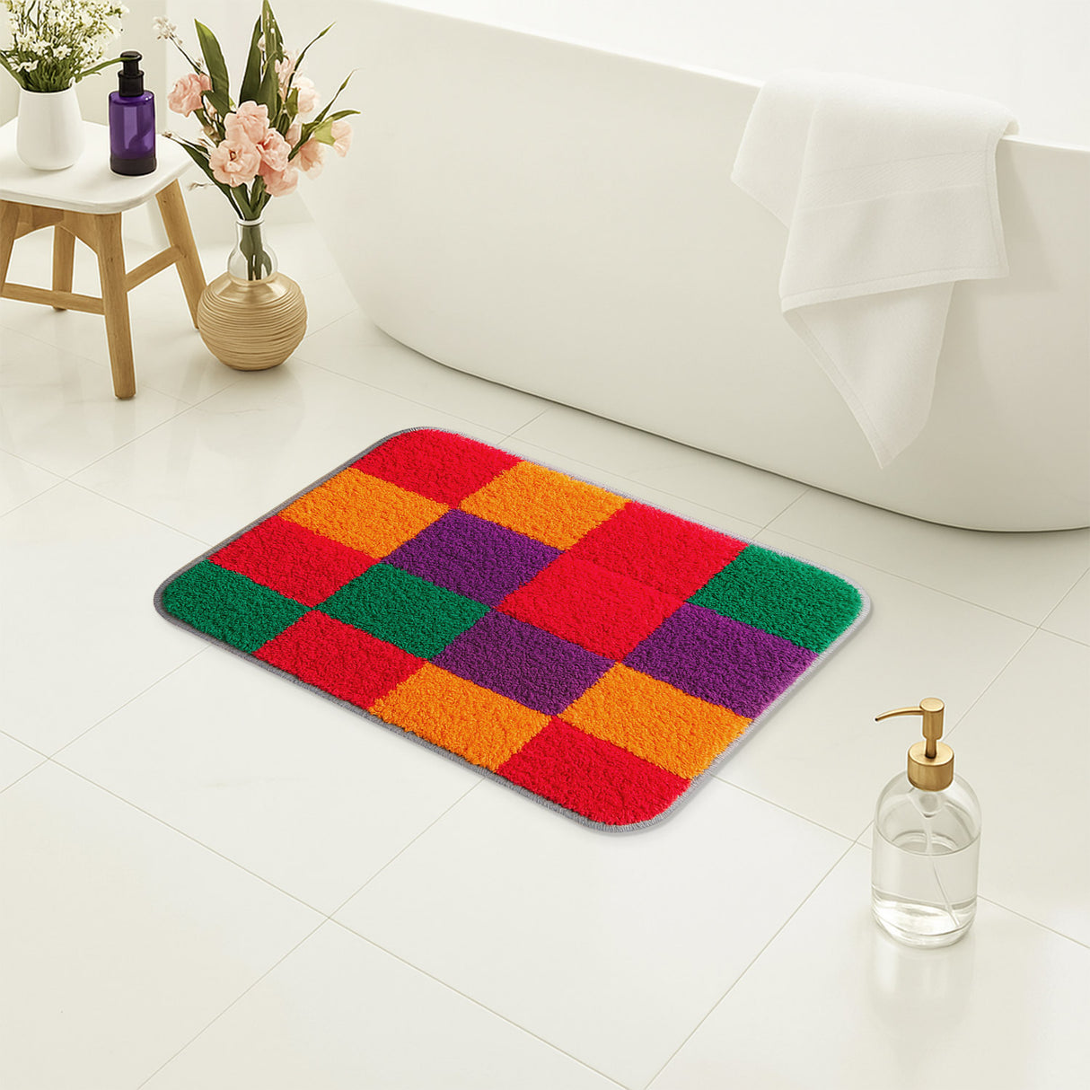 Feblilac Colorful Checkerboard Bath Mat – Soft Plush Tufted Rug for Bathroom, Entryway & Kitchen
