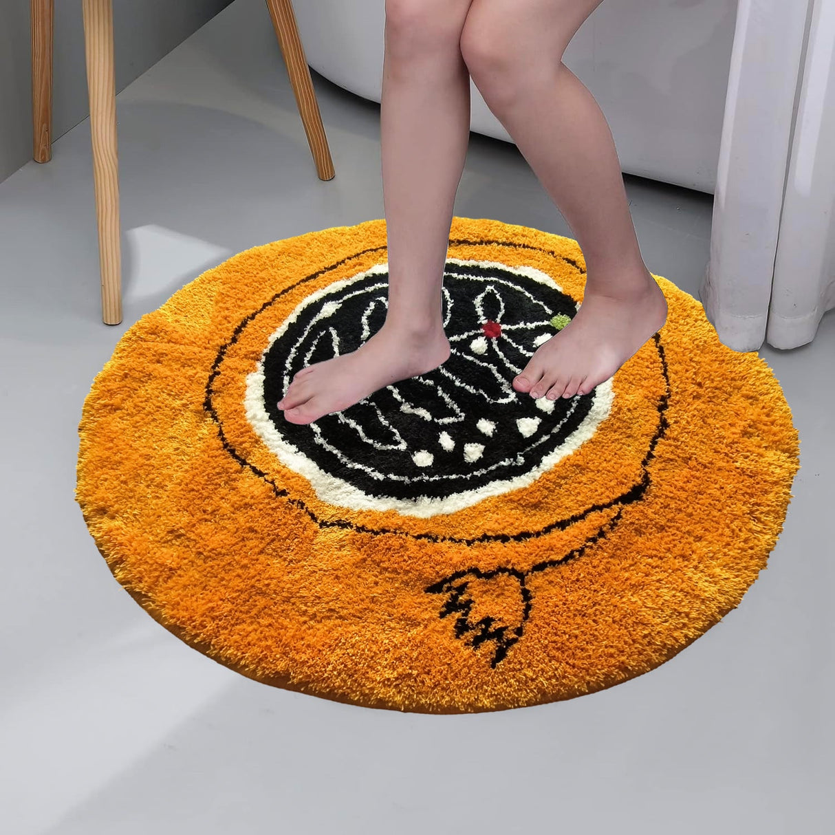 Feblilac Round Orange Background Black and White Flowers Tufted Bath Mat by Liz Gamberg Studio from US