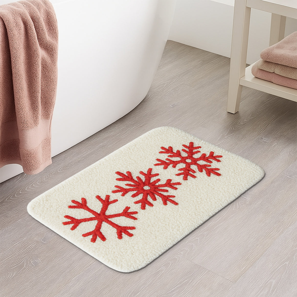 Feblilac Red Snowflake Christmas Bath Mat – Soft Tufted Holiday Bathroom Rug