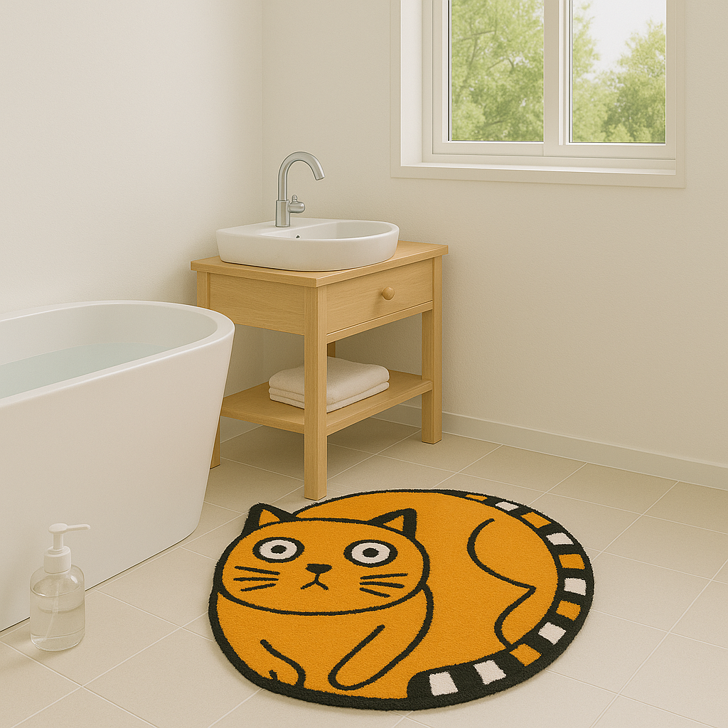 Feblilac Playful Orange Cat Tufted Rug – Cute Animal Bathroom Mat for Cat Lovers