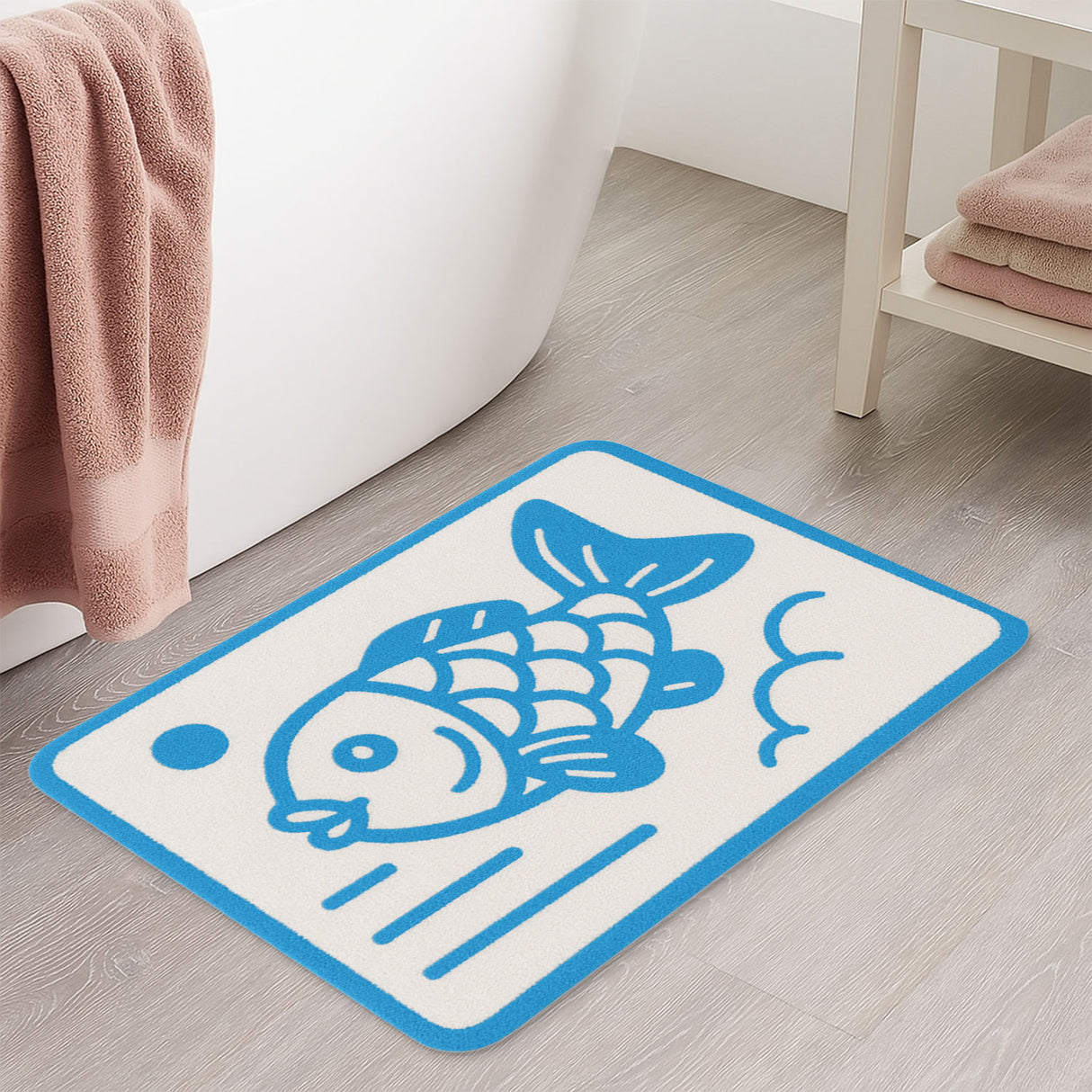 Feblilac Blue Cartoon Fish Bath Mat – Soft, Absorbent, and Non-Slip Bathroom Rug