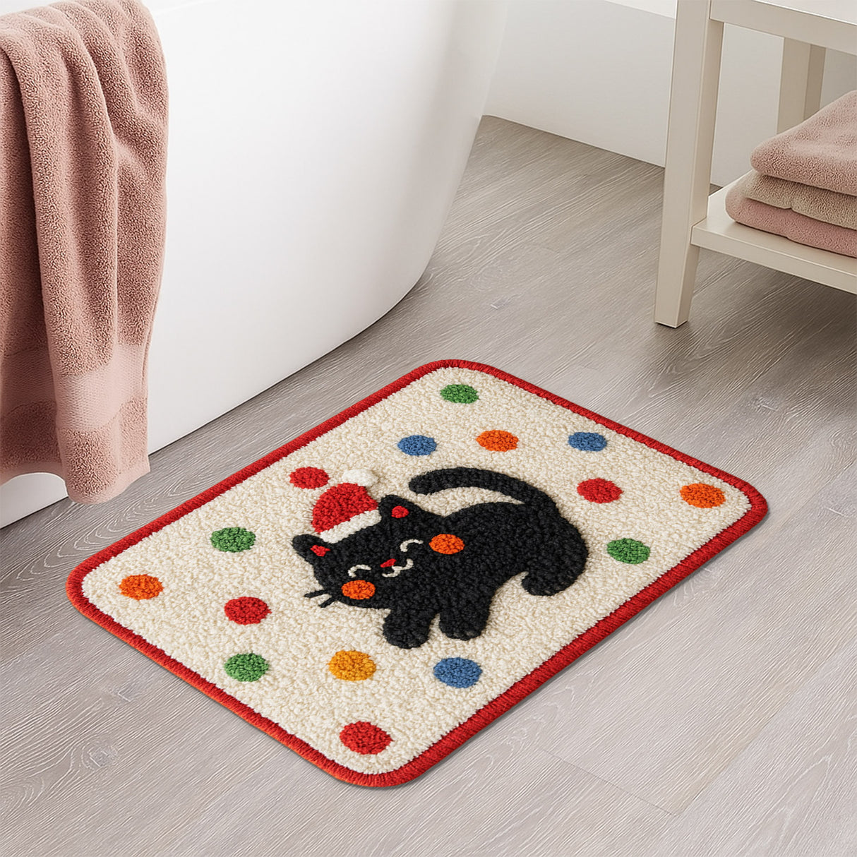 Feblilac Christmas Black Cat Bath Mat – Cute Holiday Tufted Rug for Bathroom & Entryway