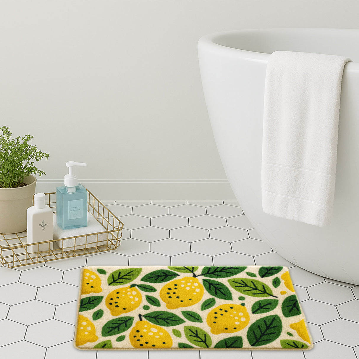 Feblilac Lemon Fruit Bath Mat – Soft Non-Slip Bathroom Rug with Bright Yellow Citrus and Green Leaves, Cute Summer Decor for Kitchen or Entryway