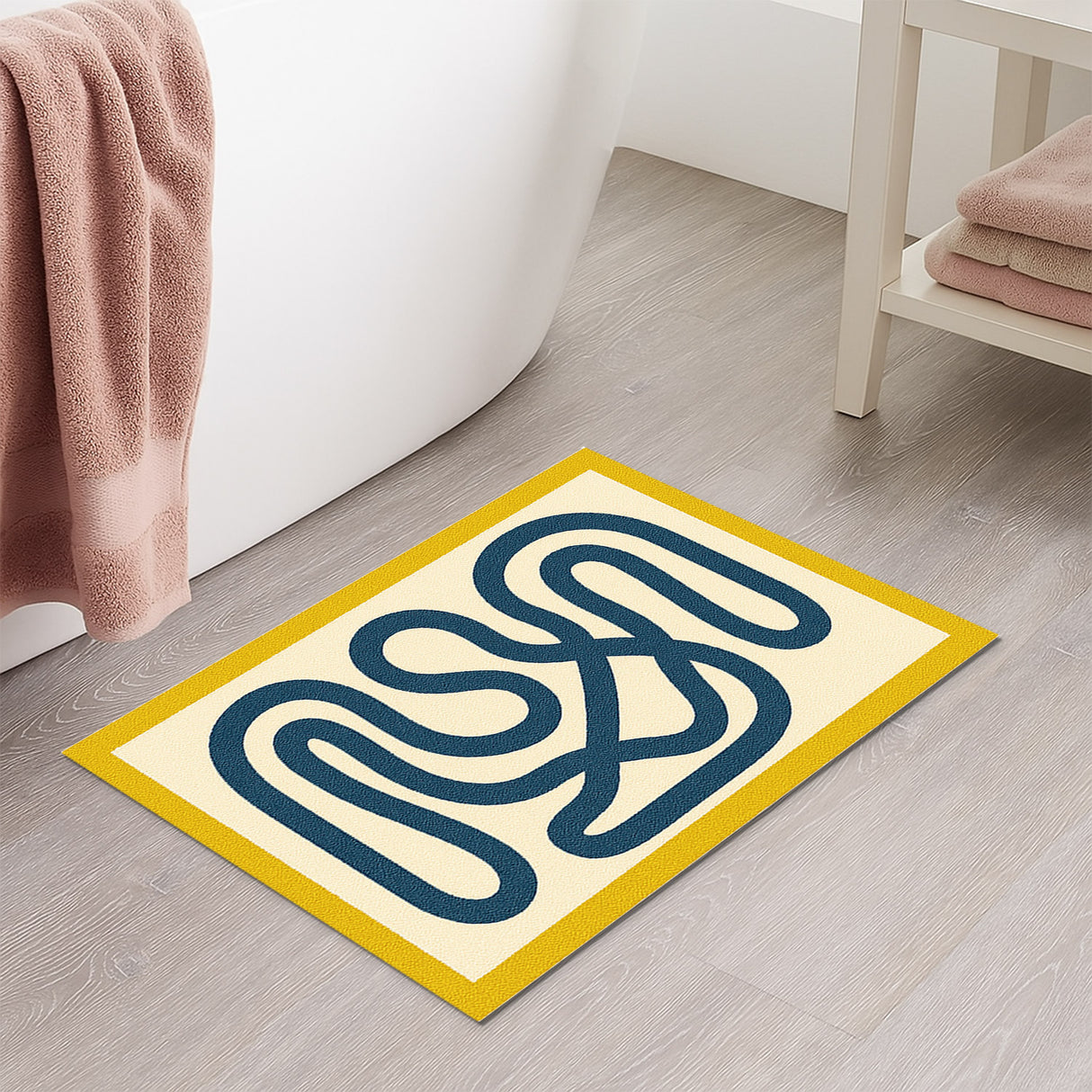 Feblilac Abstract Blue Line Tufted Bath Mat – Soft & Modern Bathroom Rug
