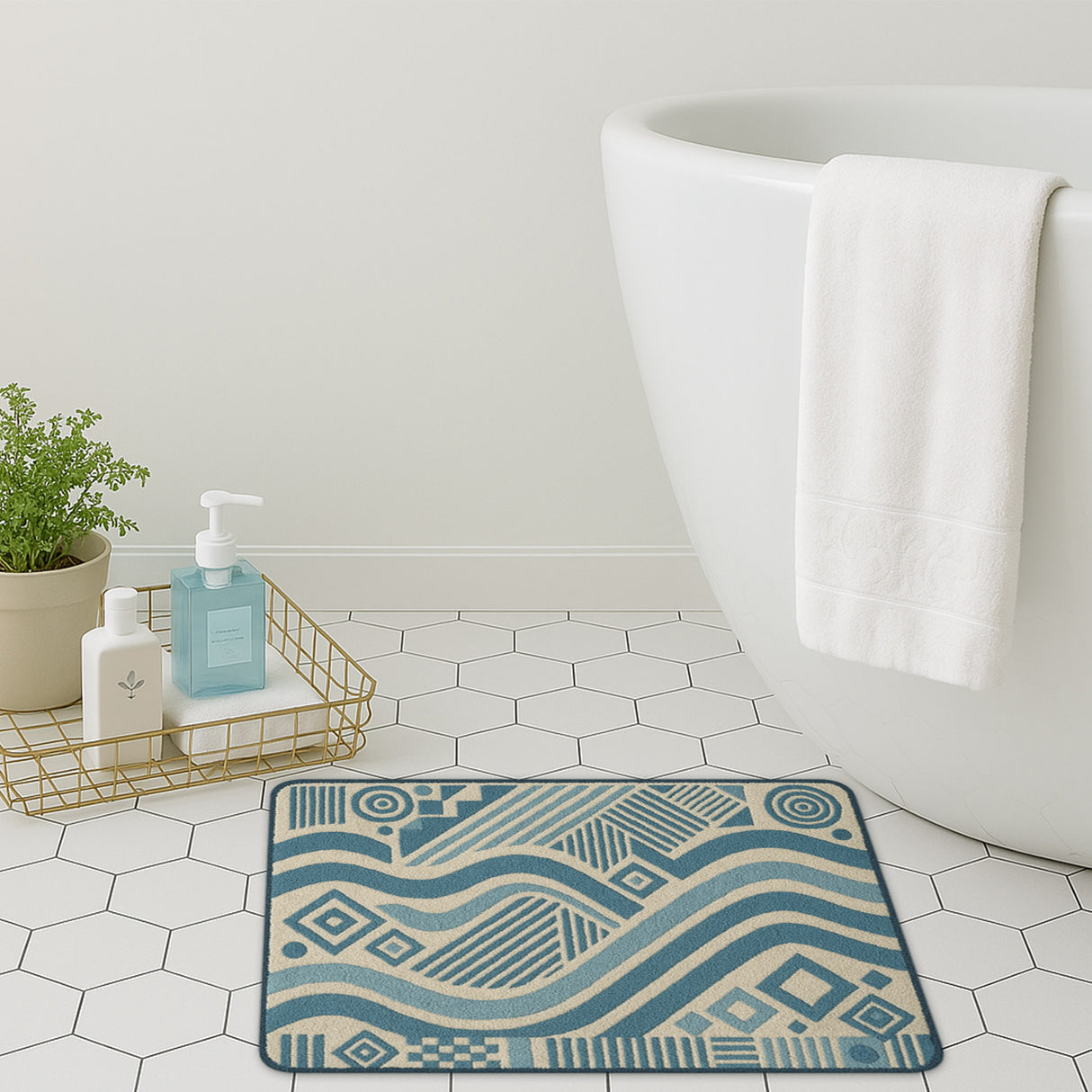 Feblilac Modern Abstract Geometric Tufted Bath Mat – Blue & Beige Non-Slip Rug