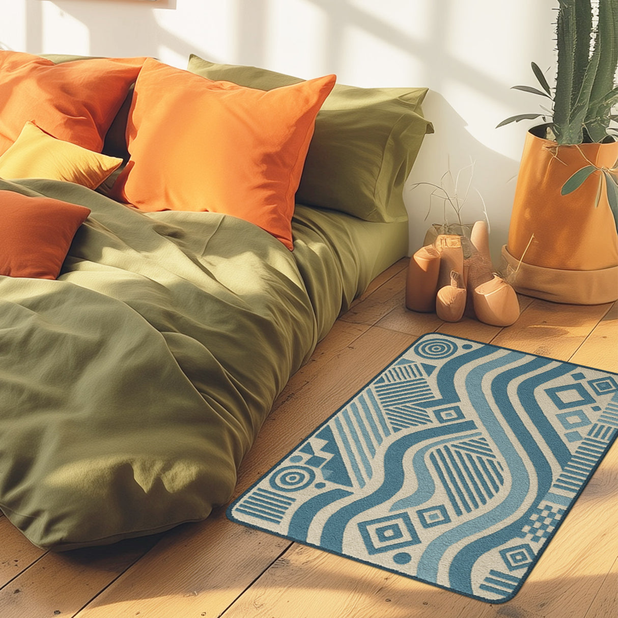 Feblilac Modern Abstract Geometric Tufted Bath Mat – Blue & Beige Non-Slip Rug