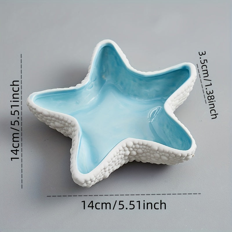 Aqua Ceramic Jewelry Storage Plate Tray, Starfish-Shaped Jewelry Keyholder