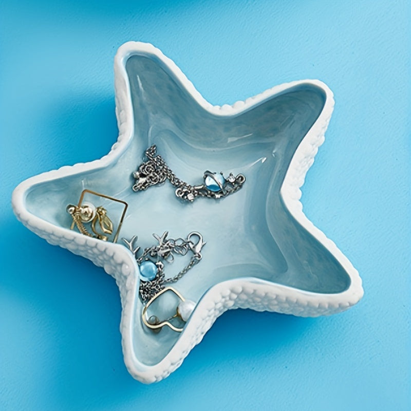 Aqua Ceramic Jewelry Storage Plate Tray, Starfish-Shaped Jewelry Keyholder