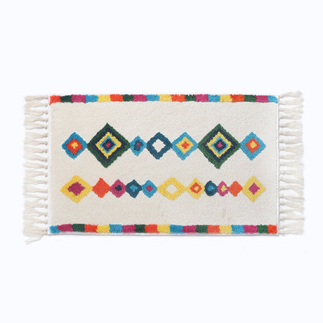 Bohemian Tassel Bath Mat, Tropical Geometry Style Rug for Bathroom