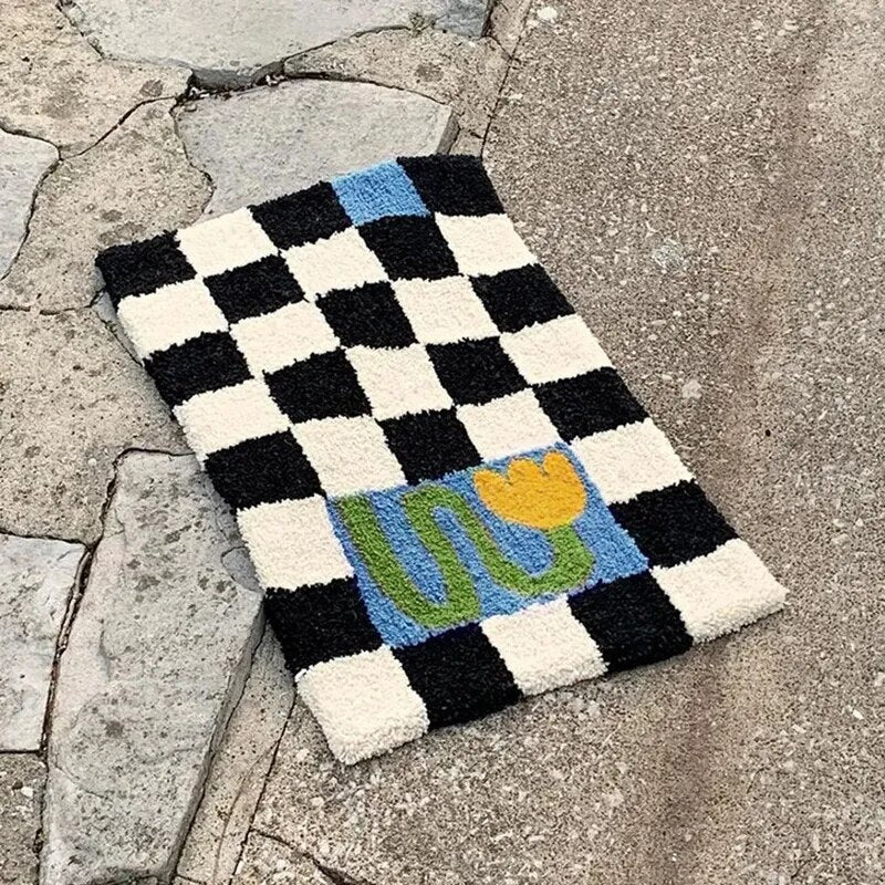 Retro Chessboard Plaid Bath Mats Fluffy Grids Soft Floral Carpet Bathroom Carpet Bedside Carpet Home Decor Anti Slip Floor Mats