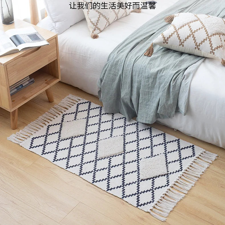 Retro Bohemia Hand Woven Cotton Linen Carpet Tassel Rug Floor Mat Tapestry Decorative Blanket Home Decor