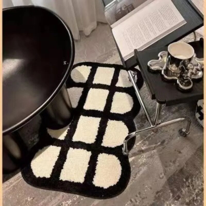 Retro Chessboard Plaid Bath Mats Fluffy Grids Soft Floral Carpet Bathroom Carpet Bedside Carpet Home Decor Anti Slip Floor Mats