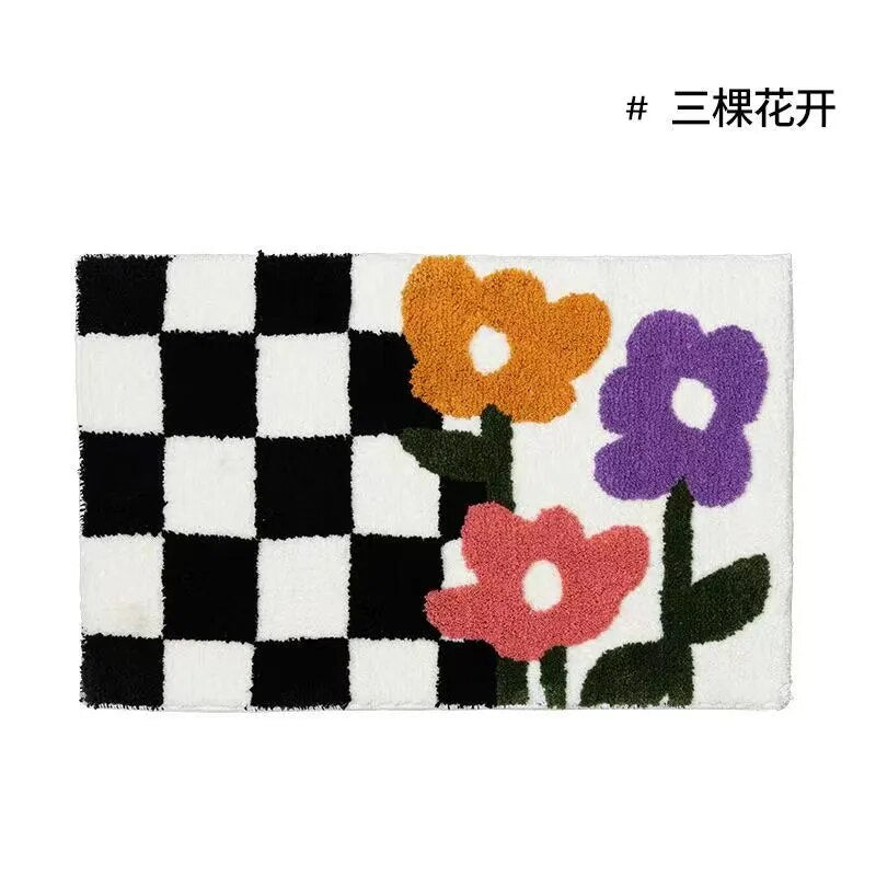 Retro Chessboard Plaid Bath Mats Fluffy Grids Soft Floral Carpet Bathroom Carpet Bedside Carpet Home Decor Anti Slip Floor Mats