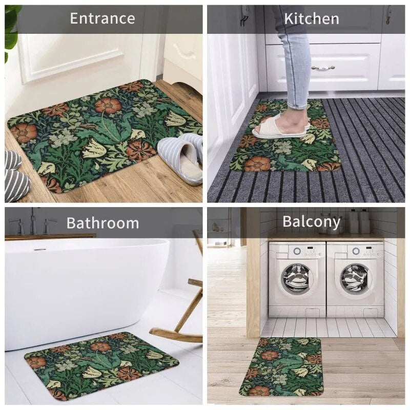 Custom William Morris Compton Floral Art Nouveau Pattern Doormat Bath Door Floor Mat Textile Pattern Toilet Rug Carpet Footpad