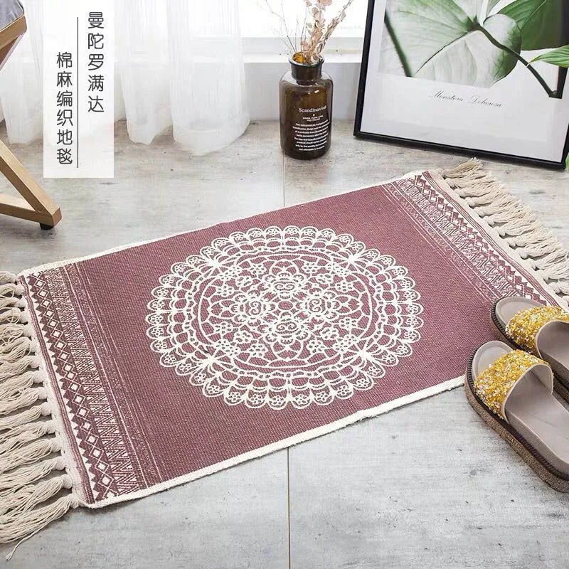 Retro Bohemia Hand Woven Cotton Linen Carpet Tassel Rug Floor Mat Tapestry Decorative Blanket Home Decor