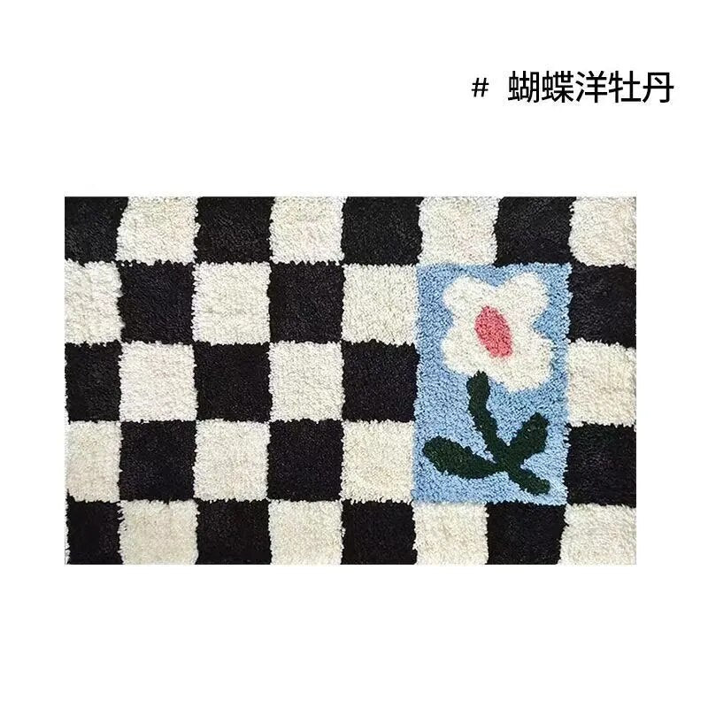 Retro Chessboard Plaid Bath Mats Fluffy Grids Soft Floral Carpet Bathroom Carpet Bedside Carpet Home Decor Anti Slip Floor Mats