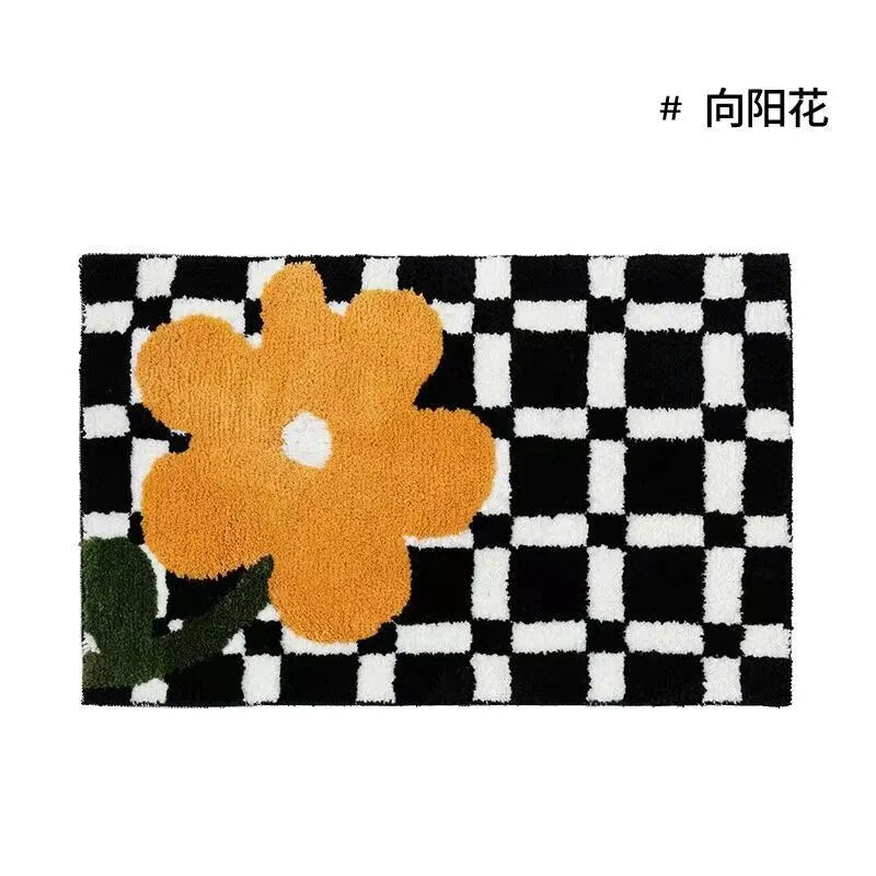 Retro Chessboard Plaid Bath Mats Fluffy Grids Soft Floral Carpet Bathroom Carpet Bedside Carpet Home Decor Anti Slip Floor Mats
