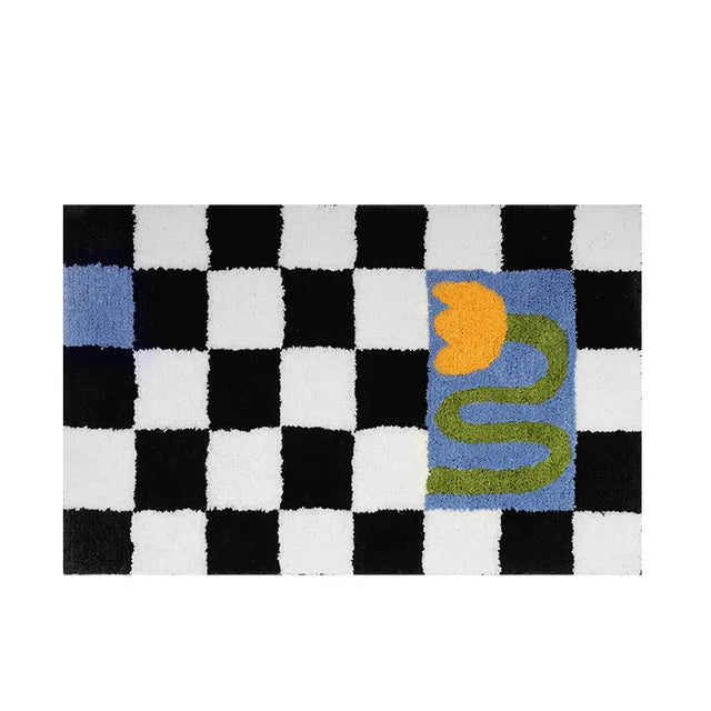 Retro Chessboard Plaid Bath Mats Fluffy Grids Soft Floral Carpet Bathroom Carpet Bedside Carpet Home Decor Anti Slip Floor Mats